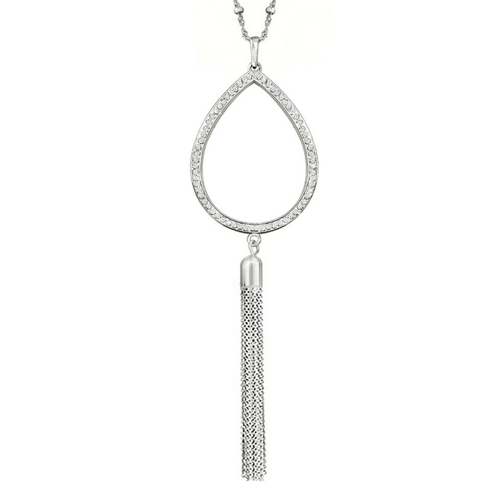 Sterling Silver Overlay Teardrop Tassel Necklace – 36" Opera Length Crystal Gift